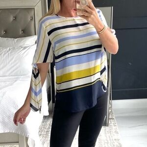 Ann Taylor Tie sleeve blouse blue white striped shirt in size MP good condition